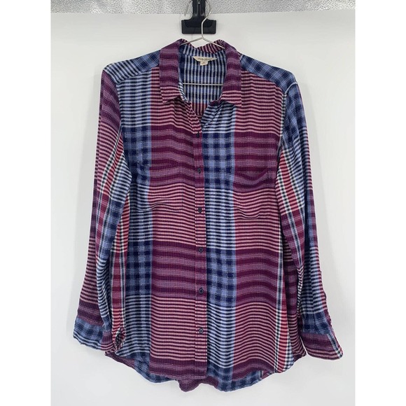 Lucky Brand Tops - Lucky Brand Plaid Button Up Shirt Womens Medium Purple Blue Metallic Fall Blouse